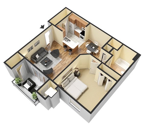 A 3D floor plan of a house with a kitchen, living room, and two bedrooms.